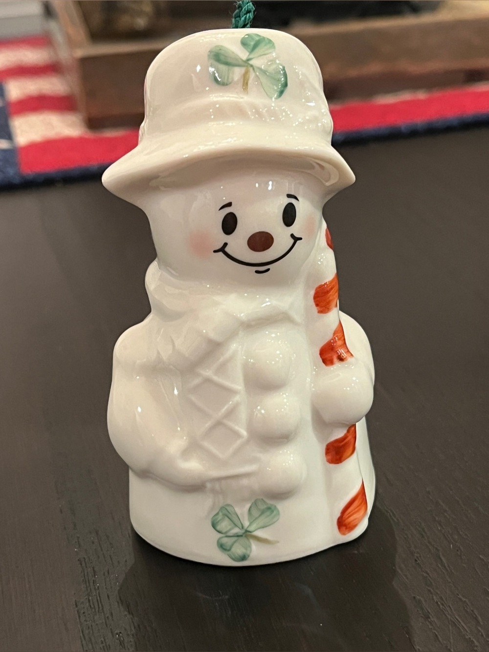 Belleek Pottery Candy Cane Snowman Bell Ornament